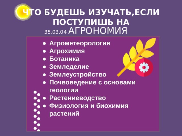 ЧТО БУДЕШЬ ИЗУЧАТЬ,ЕСЛИ ПОСТУПИШЬ НА  35.03.04 АГРОНОМИЯ 