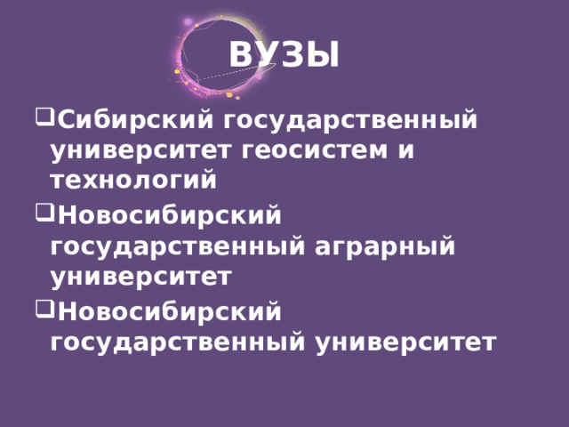 ВУЗЫ Сибирский государственный университет геосистем и технологий Новосибирский государственный аграрный университет Новосибирский государственный университет  