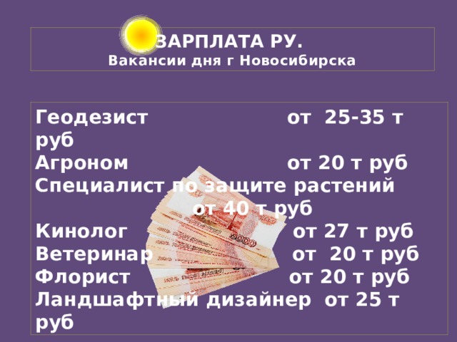 ЗАРПЛАТА РУ.  Вакансии дня г Новосибирска Геодезист от 25-35 т руб Агроном от 20 т руб Специалист  по защите растений      от 40 т руб Кинолог от 27 т руб Ветеринар от 20 т руб Флорист от 20 т руб Ландшафтный дизайнер от 25 т руб 