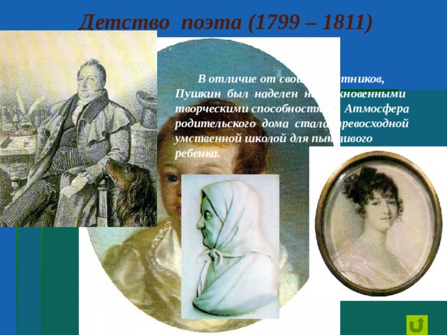 Детство поэта (1799 – 1811)  В отличие от своих сверстников, Пушкин был наделен необыкновенными творческими способностями. Атмосфера родительского дома стала превосходной умственной школой для пытливого ребенка.  