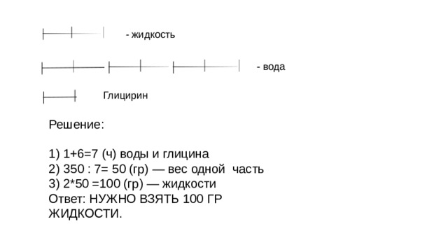 - жидкость - вода Глицирин Решение: 1) 1+6=7 (ч) воды и глицина 2) 350 : 7= 50 (гр) — вес одной часть 3) 2*50 =100 (гр) — жидкости Ответ: НУЖНО ВЗЯТЬ 100 ГР ЖИДКОСТИ. 