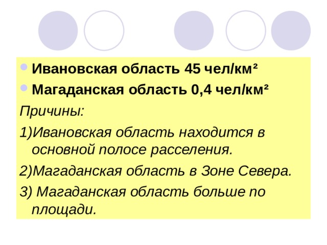 Ивановская область 45 чел/км ² Магаданская область 0,4 чел/км ² Причины: 1)Ивановская область находится в основной полосе расселения. 2)Магаданская область в Зоне Севера. 3) Магаданская область больше по площади.   