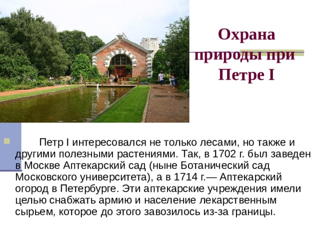 Охрана природы при  Петре I          Петр I интересовался не только лесами, но также и другими полезными растениями. Так, в 1702 г. был заведен в Москве Аптекарский сад (ныне Ботанический сад Московского университета), а в 1714 г.— Аптекарский огород в Петербурге. Эти аптекарские учреждения имели целью снабжать армию и население лекарственным сырьем, которое до этого завозилось из-за границы. 