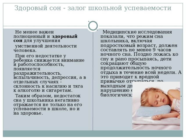 Здоровый сон - залог школьной успеваемости Медицинские исследования показали, что режим сна школьника, включая подростковый возраст, должен составлять не менее 9 часов ночного сна. Поздно ложась ко сну и рано просыпаясь, дети сокращают общую продолжительность ночного отдыха в течение всей недели. А это приводит к вредной привычке отсыпаться по выходным дням, т.е. к нарушению естественных биологических часов организма. Не менее важен полноценный и здоровый сон для улучшения умственной деятельности человека. При его недостатке у ребенка снижается внимание и работоспособность, появляется раздражительность, вспыльчивость, депрессия, а в отдельных случаях - склонность к насилию и тяга к алкоголю и сигаретам. Таким образом, недостаток сна у школьника негативно отражается не только на его успеваемости в школе, но и на здоровье.