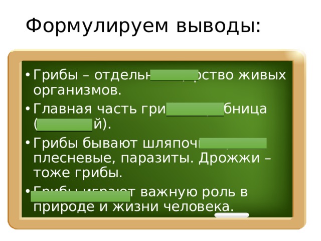 Формулируем выводы:   Грибы – отдельное царство живых организмов. Главная часть гриба – грибница (мицелий). Грибы бывают шляпочные, плесневые, паразиты. Дрожжи – тоже грибы. Грибы играют важную роль в природе и жизни человека. 