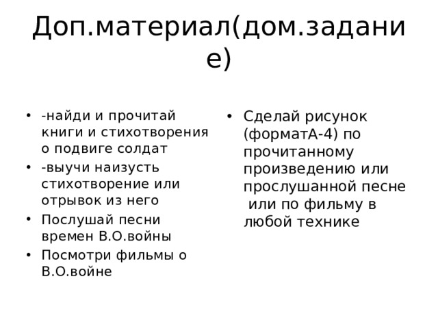 Доп.материал(дом.задание) -найди и прочитай книги и стихотворения о подвиге солдат -выучи наизусть стихотворение или отрывок из него Послушай песни времен В.О.войны Посмотри фильмы о В.О.войне Сделай рисунок (форматА-4) по прочитанному произведению или прослушанной песне или по фильму в любой технике 
