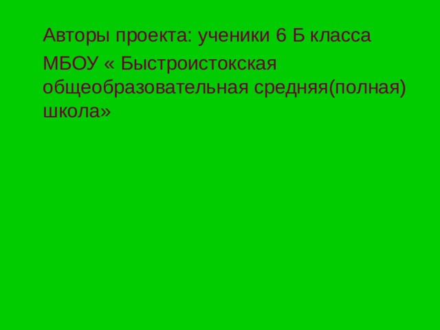  Авторы проекта: ученики 6 Б класса  МБОУ « Быстроистокская общеобразовательная средняя(полная) школа» 