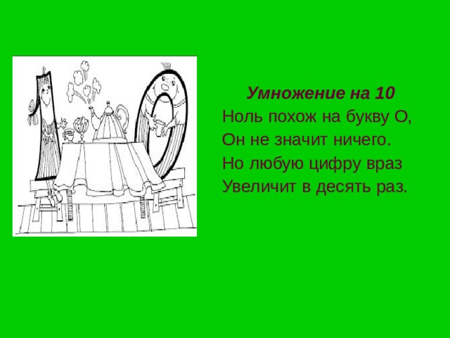  Умножение на 10  Ноль похож на букву О,  Он не значит ничего.  Но любую цифру враз  Увеличит в десять раз. 