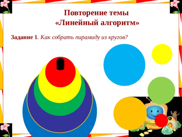 Повторение темы  «Линейный алгоритм» Задание 1 . Как собрать пирамиду из кругов? 