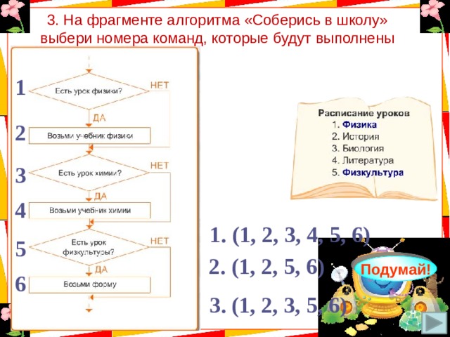 3. На фрагменте алгоритма «Соберись в школу» выбери номера команд, которые будут выполнены 1 2 3 4 1. (1, 2, 3, 4, 5, 6) 5 2. (1, 2, 5, 6) Молодец! Подумай! Подумай! 6 3. (1, 2, 3, 5, 6) 