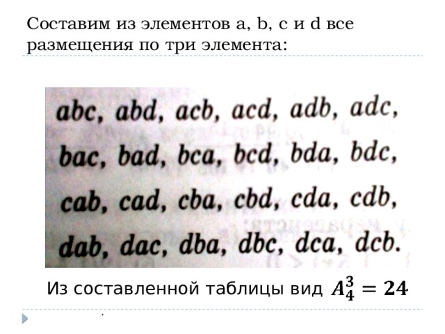 Составим из элементов a, b, c и d все размещения по три элемента: Из составленной таблицы видно, что . 