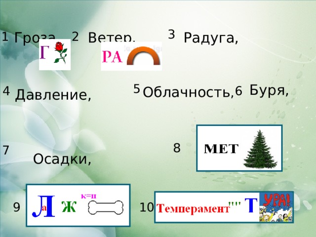 3 Радуга, Ветер, Гроза, 1 2 5 Буря, 4 Облачность , 6 Давление, 8 7 Осадки, 9 10 