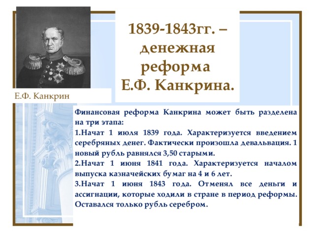 1839-1843 Денежная реформа е.ф.Канкрина. Реформа е. ф. Канкрина (1839-1843 г.г.). Реформа е ф Канкрина.