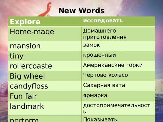 New Words Explore исследовать Home-made Домашнего приготовления mansion замок tiny крошечный rollercoaste Американские горки Big wheel Чертово колесо candyfloss Сахарная вата Fun fair ярмарка landmark достопримечательность perform Показывать, представлять 