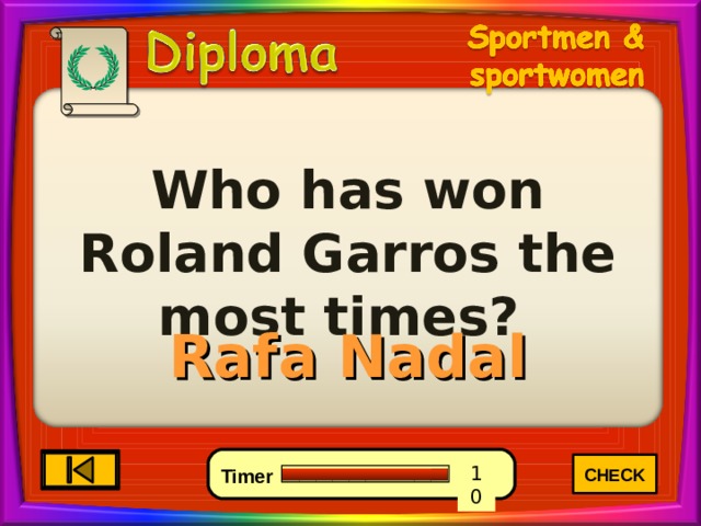 Who has won Roland Garros the most times? Rafa Nadal CHECK 1 5 0 10 9 8 6 7 4 3 2 Timer 