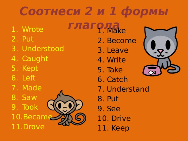 Соотнеси 2 и 1 формы глагола Wrote Put Understood Caught Kept Left Made Saw Took Became Drove  1. Make 2. Become 3. Leave 4. Write 5. Take 6. Catch 7. Understand 8. Put 9. See 10. Drive 11. Keep 