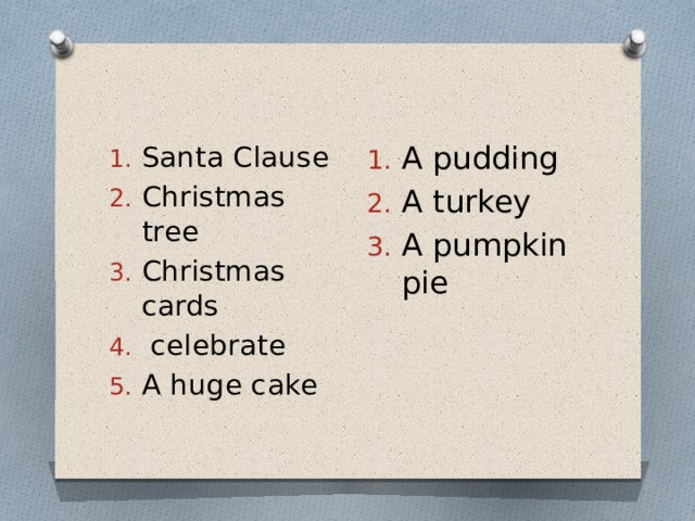 Santa Clause Christmas tree Christmas cards  celebrate A huge cake A pudding A turkey A pumpkin pie  