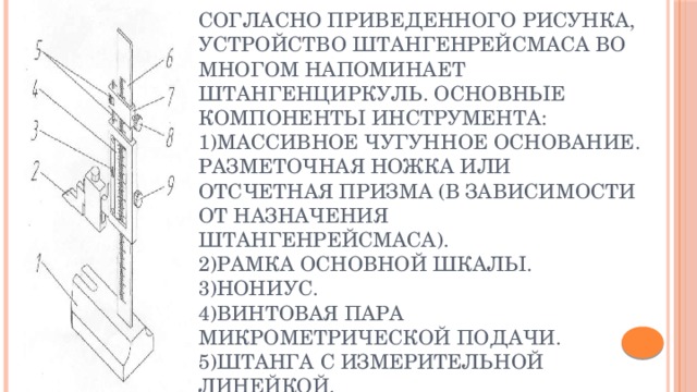 Согласно приведенного рисунка, устройство штангенрейсмаса во многом напоминает штангенциркуль. Основные компоненты инструмента:  1)Массивное чугунное основание.  Разметочная ножка или отсчетная призма (в зависимости от назначения штангенрейсмаса).  2)Рамка основной шкалы.  3)Нониус.  4)Винтовая пара микрометрической подачи.  5)Штанга с измерительной линейкой.  6)Рамка микрометрической подачи.  7)Фиксатор рамки микрометрической подачи.  8)Фиксатор основной рамки . 