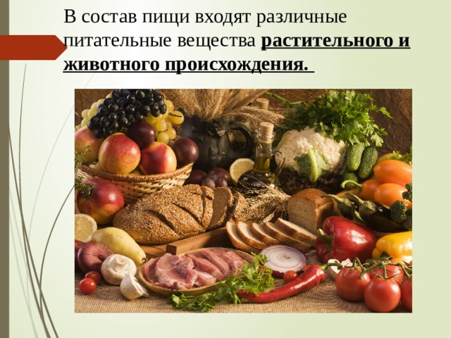 В состав пищи входят различные питательные вещества растительного и животного происхождения. 