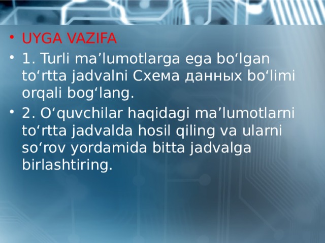 UYGA VAZIFA 1. Turli ma’lumotlarga ega bo‘lgan to‘rtta jadvalni Схема данных bo‘limi orqali bog‘lang. 2. O‘quvchilar haqidagi ma’lumotlarni to‘rtta jadvalda hosil qiling va ularni so‘rov yordamida bitta jadvalga birlashtiring. 