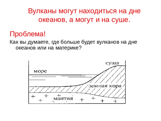 Вулканы могут находиться на дне океанов, а могут и на суше. Проблема! Как вы думаете, где больше будет вулканов на дне океанов или на материке? 