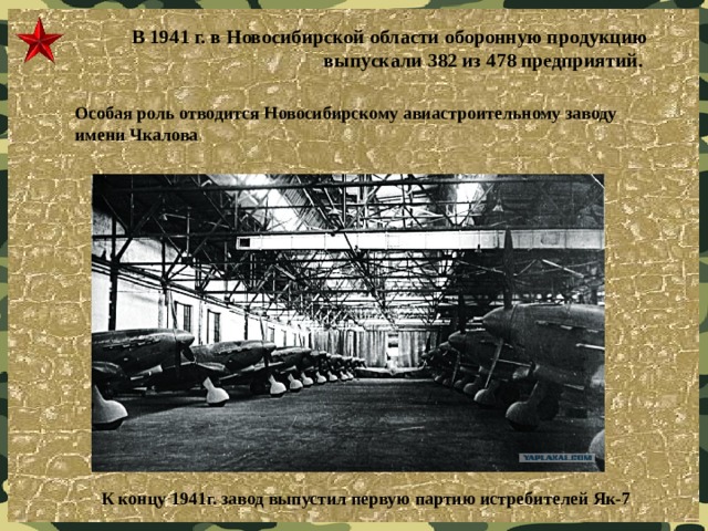 В 1941 г. в Новосибирской области оборонную продукцию выпускали 382 из 478 предприятий.  Особая роль отводится Новосибирскому авиастроительному заводу имени Чкалова К концу 1941г. завод выпустил первую партию истребителей Як-7  
