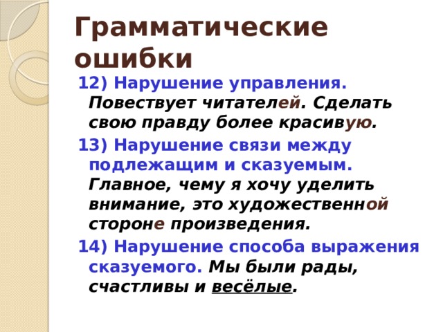 Грамматические ошибки 12) Нарушение управления.  Повествует читател ей . Сделать свою правду более красив ую . 13) Нарушение связи между подлежащим и сказуемым. Главное, чему я хочу уделить внимание, это художественн ой сторон е произведения. 14) Нарушение способа выражения сказуемого. Мы были рады, счастливы и весёлые . 