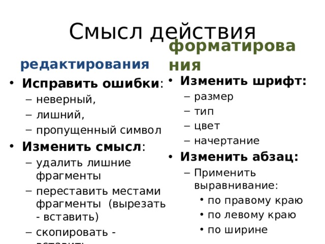 Смысл действия редактирования форматирования Изменить шрифт: размер тип цвет начертание размер тип цвет начертание Изменить абзац: Применить выравнивание: Применить выравнивание: по правому краю по левому краю по ширине по правому краю по левому краю по ширине по правому краю по левому краю по ширине Исправить ошибки : неверный, лишний, пропущенный символ неверный, лишний, пропущенный символ Изменить смысл : удалить лишние фрагменты переставить местами фрагменты (вырезать - вставить) скопировать - вставить заменить … удалить лишние фрагменты переставить местами фрагменты (вырезать - вставить) скопировать - вставить заменить … 
