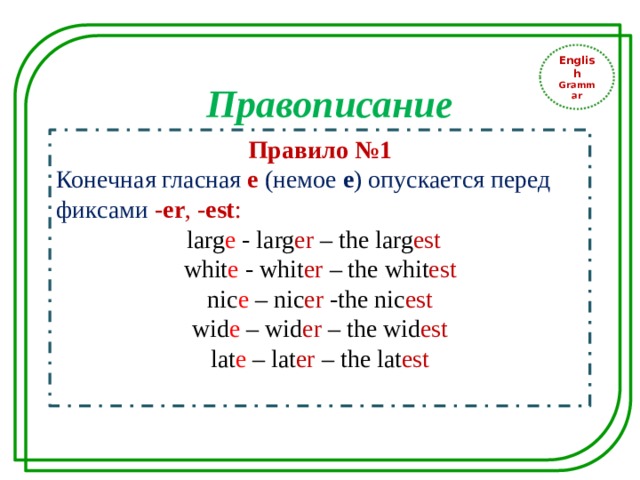 English Grammar Правописание Правило №1 Конечная гласная е  (немое е ) опускается перед фиксами  -еr , -est : larg e - larg er – the larg est whit e - whit er – the whit est nic e – nic er -the nic est wid e – wid er – the wid est lat e – lat er – the lat est  