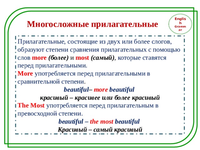 English Grammar Многосложные прилагательные Прилагательные, состоящие из двух или более слогов, образуют степени сравнения прилагательных с помощью слов more  (более) и most (самый) , которые ставятся перед прилагательными. More  употребляется перед прилагательными в сравнительной степени . beautiful – more beautiful красивый – красивее или более красивый The Most  употребляется перед прилагательным в превосходной степени. beautiful – the most  beautiful Красивый – самый красивый 