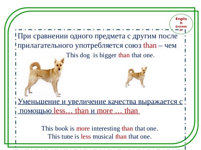 English Grammar При сравнении одного предмета с другим после прилагательного употребляется союз than – чем  This dog is bigger than that one. Уменьшение и увеличение качества выражается с помощью less… than и more … than  This book is more interesting than that one. This tune is less musical than that one. 