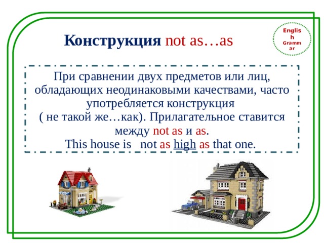 English Grammar Конструкция not as…as При сравнении двух предметов или лиц, обладающих неодинаковыми качествами, часто употребляется конструкция ( не такой же…как). Прилагательное ставится между not as и as . This house is not as  high  as that one. 