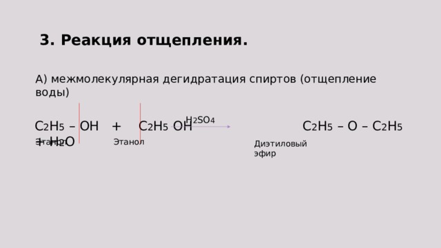 3. Реакция отщепления. А) межмолекулярная дегидратация спиртов (отщепление воды) H 2 SO 4 C 2 H 5 – OH + C 2 H 5 OH C 2 H 5 – O – C 2 H 5 + H 2 O Этанол Этанол Диэтиловый эфир 