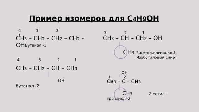 Пример изомеров для C 4 H 9 OH 4 3 2 1 3 2 1 CH 3 – CH – CH 2 – OH  CH 3 CH 3 – CH 2 – CH 2 – CH 2 - OH Бутанол -1 2-метил-пропанол-1 Изобутиловый спирт  4 3 2 1 CH 3 – CH 2 – CH – CH 3  OH  бутанол -2  OH 1 2 3 CH 3 – C – CH 3  CH 3 2-метил – пропанол -2 