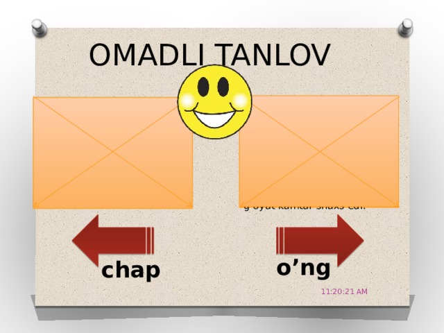 OMADLI TANLOV Gapdagi sifatlar miqdorini aniqlang.  Navoiy nafaqat shoir, balki yuksak insoniylik xususiyatlariga ega bo’lgan davlat arbobi; saxiy, muhtojlar yordamiga shoshadigan, shu bilan birga g’oyat kamtar shaxs edi. +10 o’ng chap 11:20:51 AM 