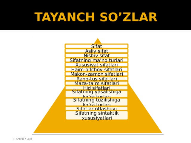 TAYANCH SO’ZLAR Sifat Asliy sifat Nisbiy sifat Sifatning ma’no turlari Xususiyat sifatlari Hajm-o’lchov sifatlari Makon-zamon sifatlari Rang-tus sifatlari Maza-ta’m sifatlari Hid sifatlari Sifatning yasalishiga ko’ra turlari Sifatning tuzilishiga ko’ra turlari Sifatlar otlashuvi Sifatning sintaktik xususiyatlari 11:20:51 AM 