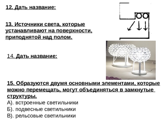 12. Дать название: 13. Источники света, которые устанавливают на поверхности, приподнятой над полом.  14. Дать название:  15. Образуются двумя основными элементами, которые можно перемещать, могут объединяться в замкнутые структуры. А). встроенные светильники Б). подвесные светильники В). рельсовые светильники 