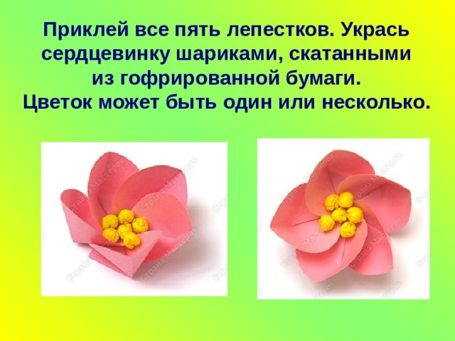 Приклей все пять лепестков. Укрась сердцевинку шариками, скатанными из гофрированной бумаги.  Цветок может быть один или несколько. 