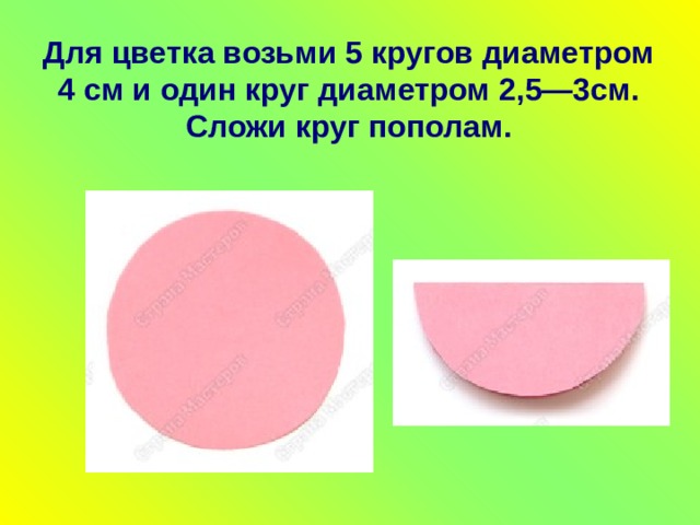 Для цветка возьми 5 кругов диаметром 4 см и один круг диаметром 2,5—3см. Сложи круг пополам. 