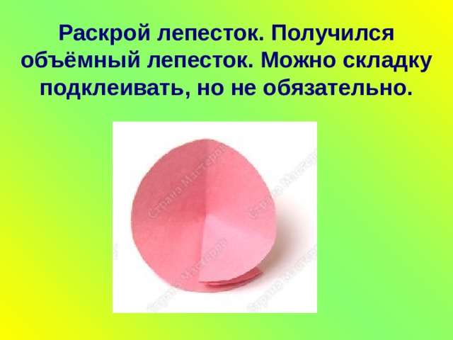 Раскрой лепесток.  Получился объёмный лепесток. Можно складку подклеивать, но не обязательно. 