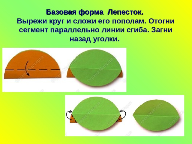 Базовая форма Лепесток.  Вырежи круг и сложи его пополам. Отогни сегмент параллельно линии сгиба. Загни назад уголки.    