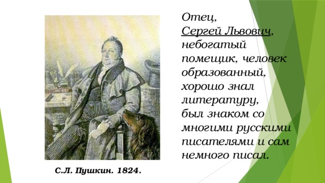 Отец, Сергей Львович , небогатый помещик, человек образованный, хорошо знал литературу, был знаком со многими русскими писателями и сам немного писал. С.Л. Пушкин. 1824.  