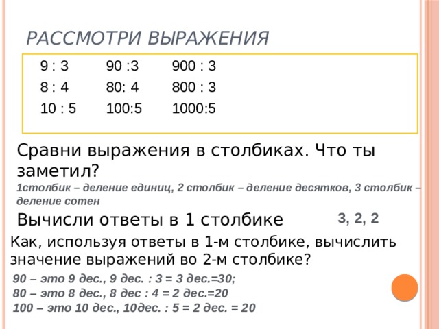 Рассмотри выражения  9 : 3   90 :3   900 : 3  8 : 4   80: 4   800 : 3  10 : 5  100:5   1000:5 Сравни выражения в столбиках. Что ты заметил? 1столбик – деление единиц, 2 столбик – деление десятков, 3 столбик – деление сотен Вычисли ответы в 1 столбике 3, 2, 2 Как, используя ответы в 1-м столбике, вычислить значение выражений во 2-м столбике? 90 – это 9 дес., 9 дес. : 3 = 3 дес.=30; 80 – это 8 дес., 8 дес : 4 = 2 дес.=20    100 – это 10 дес., 10дес. : 5 = 2 дес. = 20   