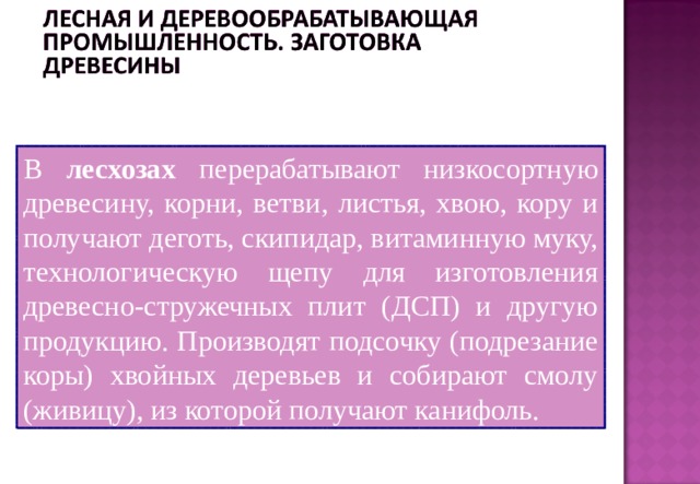 В лесхозах перерабатывают низкосортную древесину, корни, ветви, листья, хвою, кору и получают деготь, скипидар, витаминную муку, технологическую щепу для изготовления древесно-стружечных плит (ДСП) и другую продукцию. Производят подсочку (подрезание коры) хвойных деревьев и собирают смолу (живицу), из которой получают канифоль.