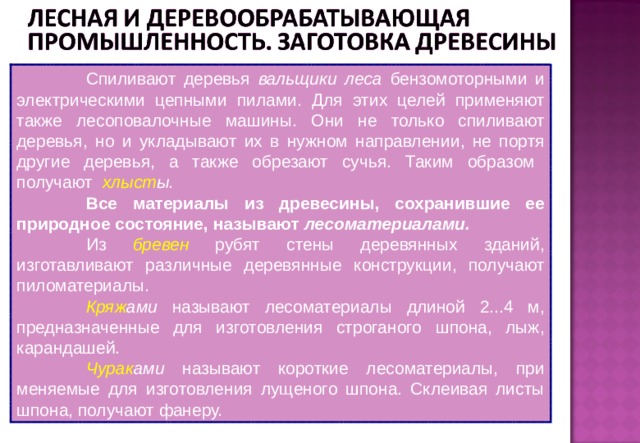Спиливают деревья вальщики леса бензомоторными и электрическими цепными пилами. Для этих целей применяют также лесоповалочные машины. Они не только спиливают деревья, но и укладывают их в нужном направлении, не портя другие деревья, а также обрезают сучья. Таким образом получают хлыст ы. Все материалы из древесины, сохранившие ее природное состояние, называют лесоматериалами. Из бревен рубят стены деревянных зданий, изготавливают различные деревянные конструкции, получают пиломатериалы. Кряж ами называют лесоматериалы длиной 2...4 м, предназначенные для изготовления строганого шпона, лыж, карандашей. Чурак ами называют короткие лесоматериалы, применяемые для изготовления лущеного шпона. Склеивая листы шпона, получают фанеру.
