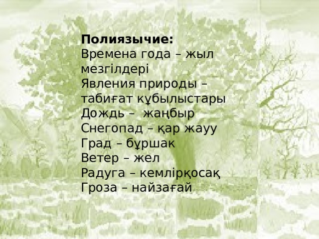 Полиязычие: Времена года – жыл мезгілдері Явления природы – табиғат кұбылыстары Дождь – жаңбыр Снегопад – қар жауу Град – бұршак Ветер – жел Радуга – кемлірқосақ Гроза – найзағай 