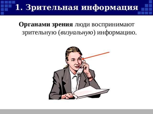 Выберите примеры зрительной информации Виды информации
