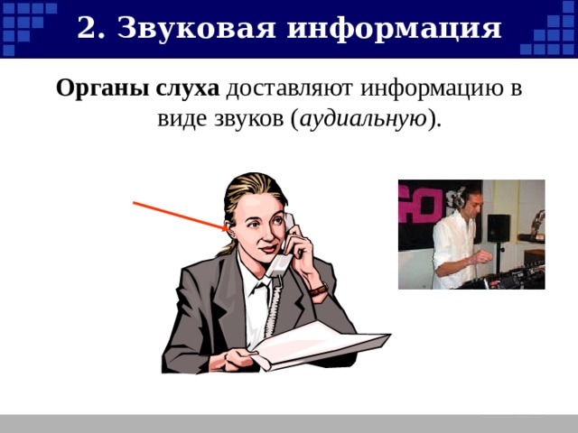 2. Звуковая информация Органы слуха доставляют информацию в виде звуков ( аудиальную ). 