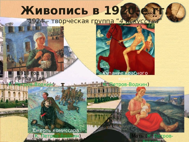 Живопись в 1920-е гг. 1924 – творческая группа “ 4 искусства ” 1918 год в Петрограде Купание красного коня ( К. Петров-Водкин ) ( К. Петров-Водкин ) Смерть комиссара ( К. Петров-Водкин ) Мать ( К. Петров-Водкин ) 