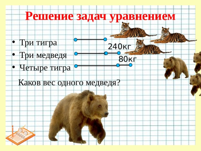 Решение задач уравнением Три тигра Три медведя Четыре тигра 240кг 80кг Каков вес одного медведя?